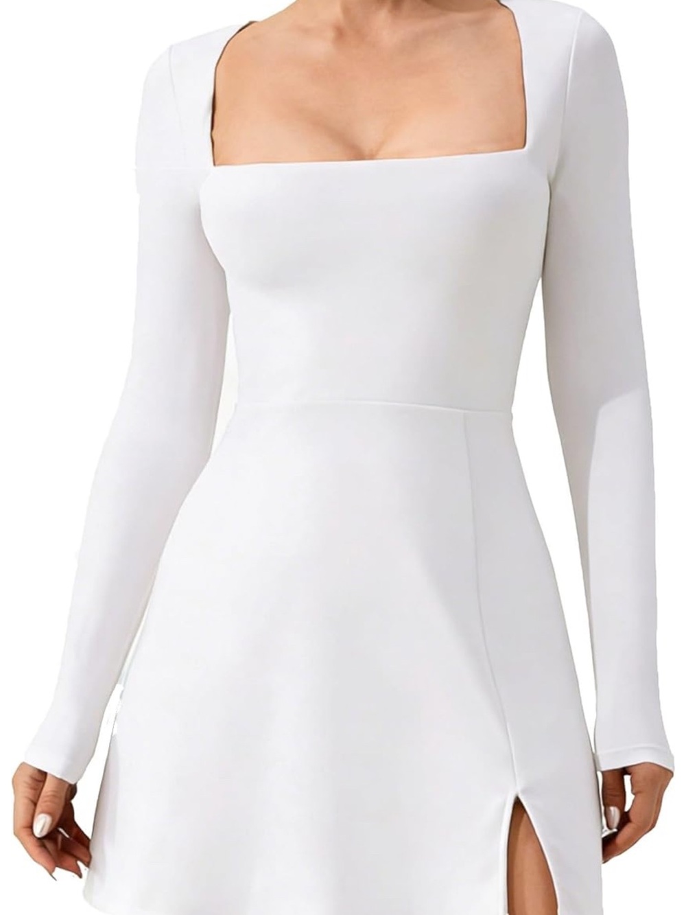 Magic White Square Neck Long Sleeve Midi Dress
